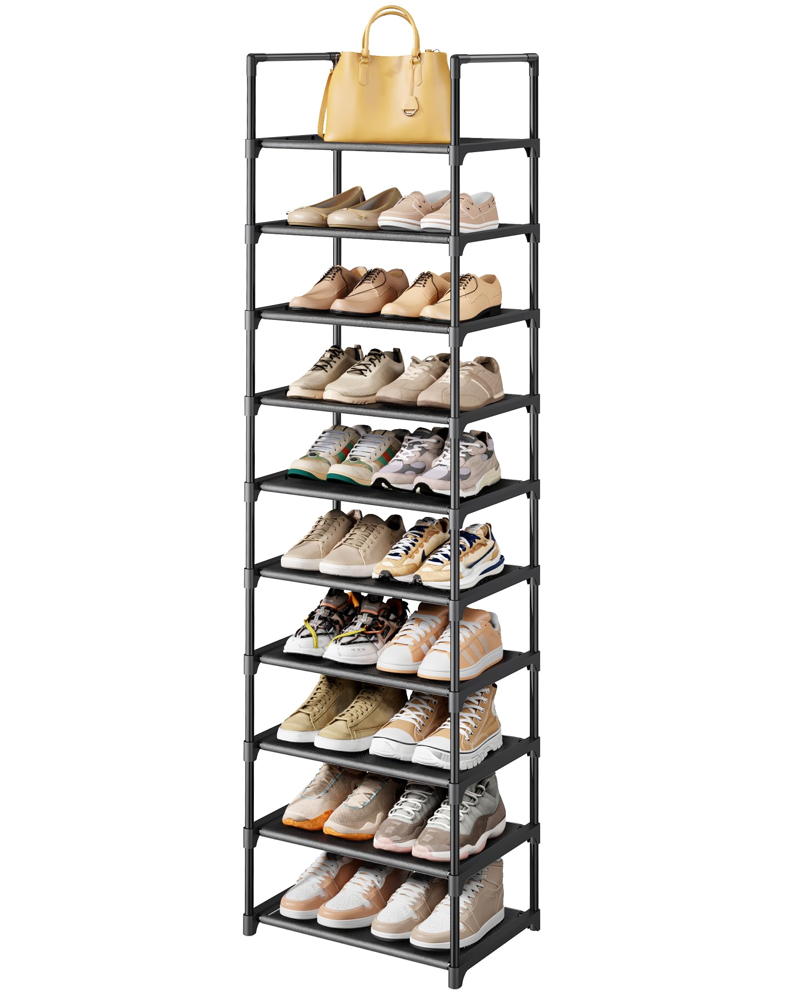 Kitsure Shoe Rack - 10-Tier Shoe Storage with Detachable Fabric Shelves & Metal Frame, Tall Shoes Rack for Closet, Entrance, Living Room, 174.0cm x 43.0cm x 30.0cm, Black