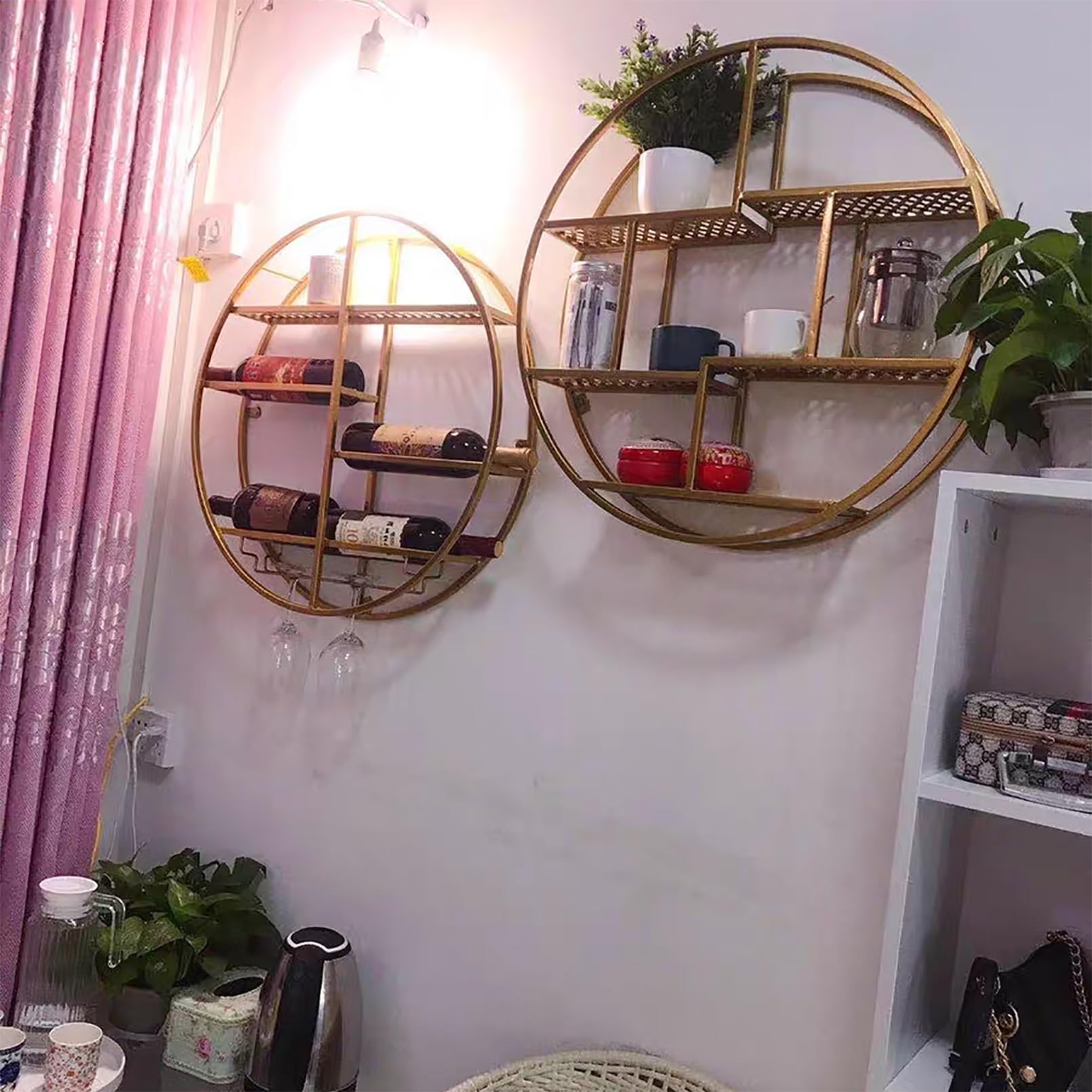 TELCIM Botellero Pared, Enfriador De Vino Montado En La Pared, Soporte para Botellas De Vino En La Pared En Metal, Estante Multifuncional Champán De Hierro, para Cocina, Bar, Comedor, HabitacióN