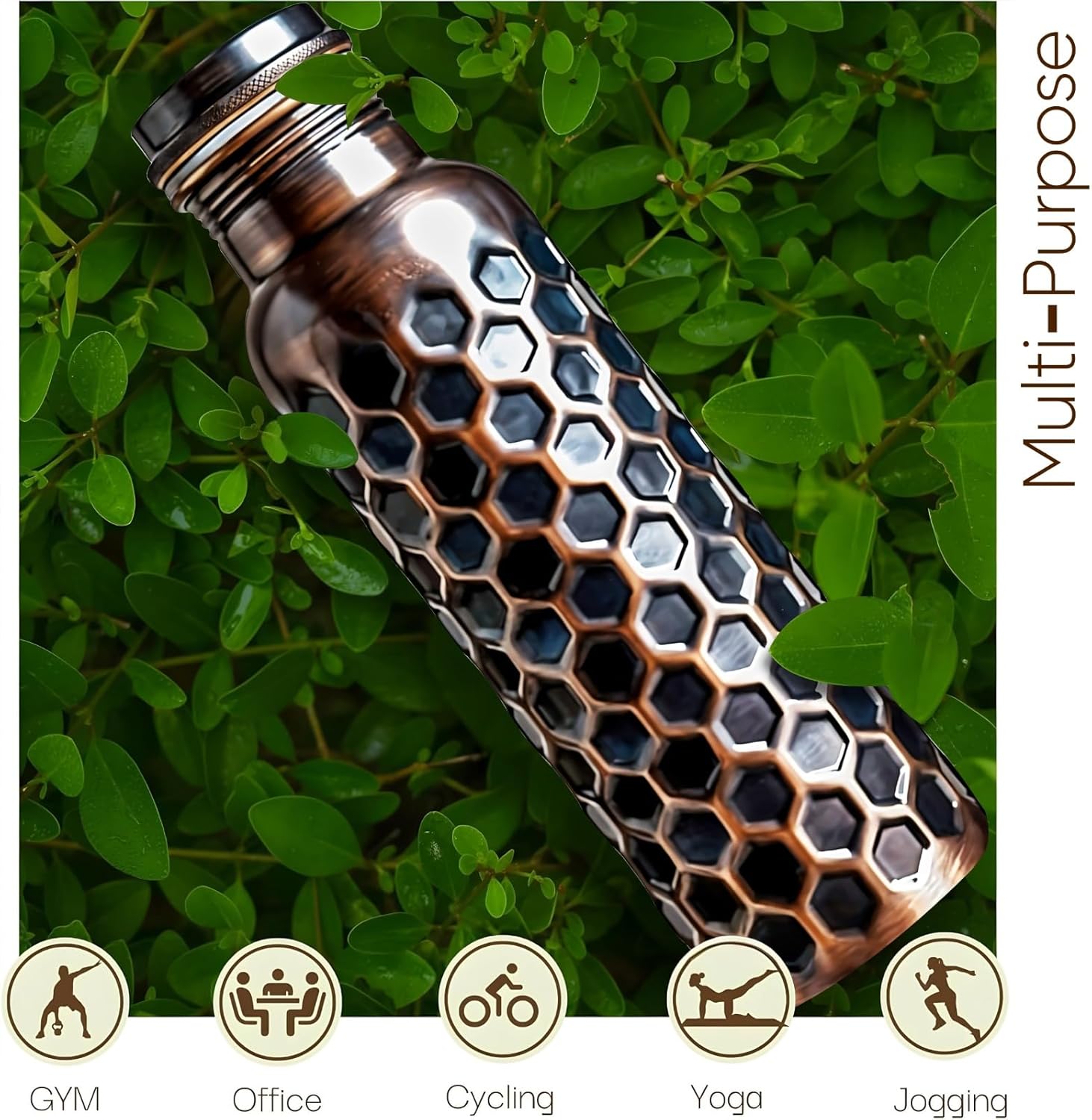 ALV Copper Water Bottle for Drinking, 34 Oz Large Hammered 100% Ayurvedic Pure Bottle Leak-Proof Water Bottle Insulated Bottle for Gym,Yoga, Office, Outdoor Hiking (BLACK HAMMERED)