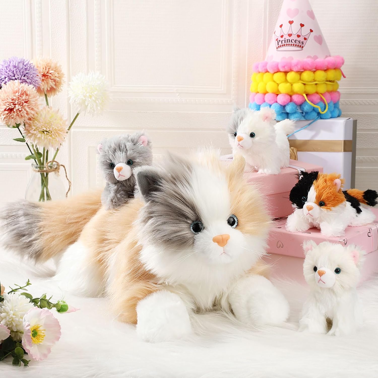 HyDren 5 Pcs Realistic Ragdoll Cat Stuffed Animal, 17.75 Inches Large Ragdoll Cat Mommy Plush with 4 Cute Babies Soft Plush Kittens Set for Girls Boys Birthday Party Favors (Grey,White,Brown)