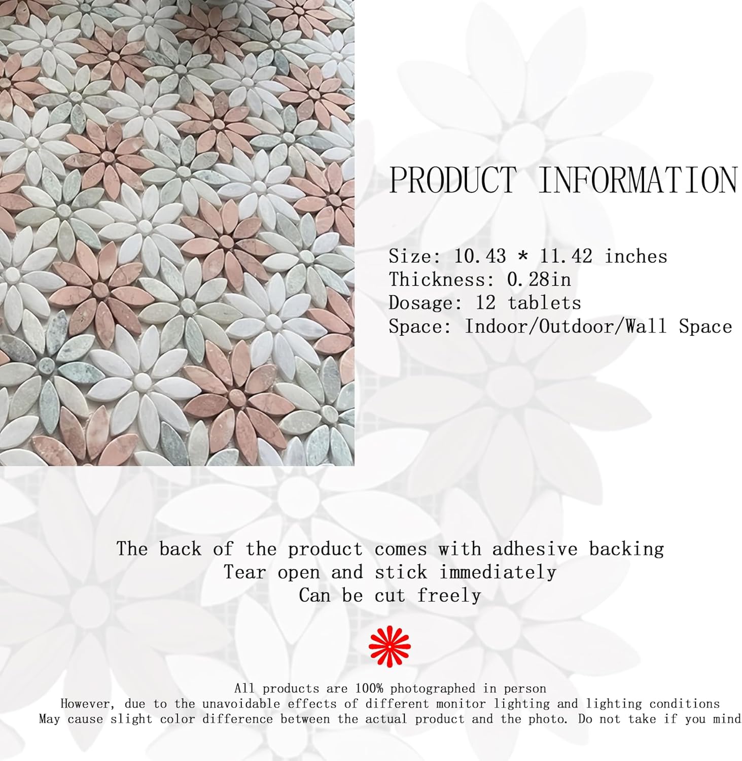 Decorative Floral Mosaic Wall and Floor Tiles, Daisy Patterns in Multiple Color Combinations, Natural Marble Art Design (Style 2 (119 Square inches))