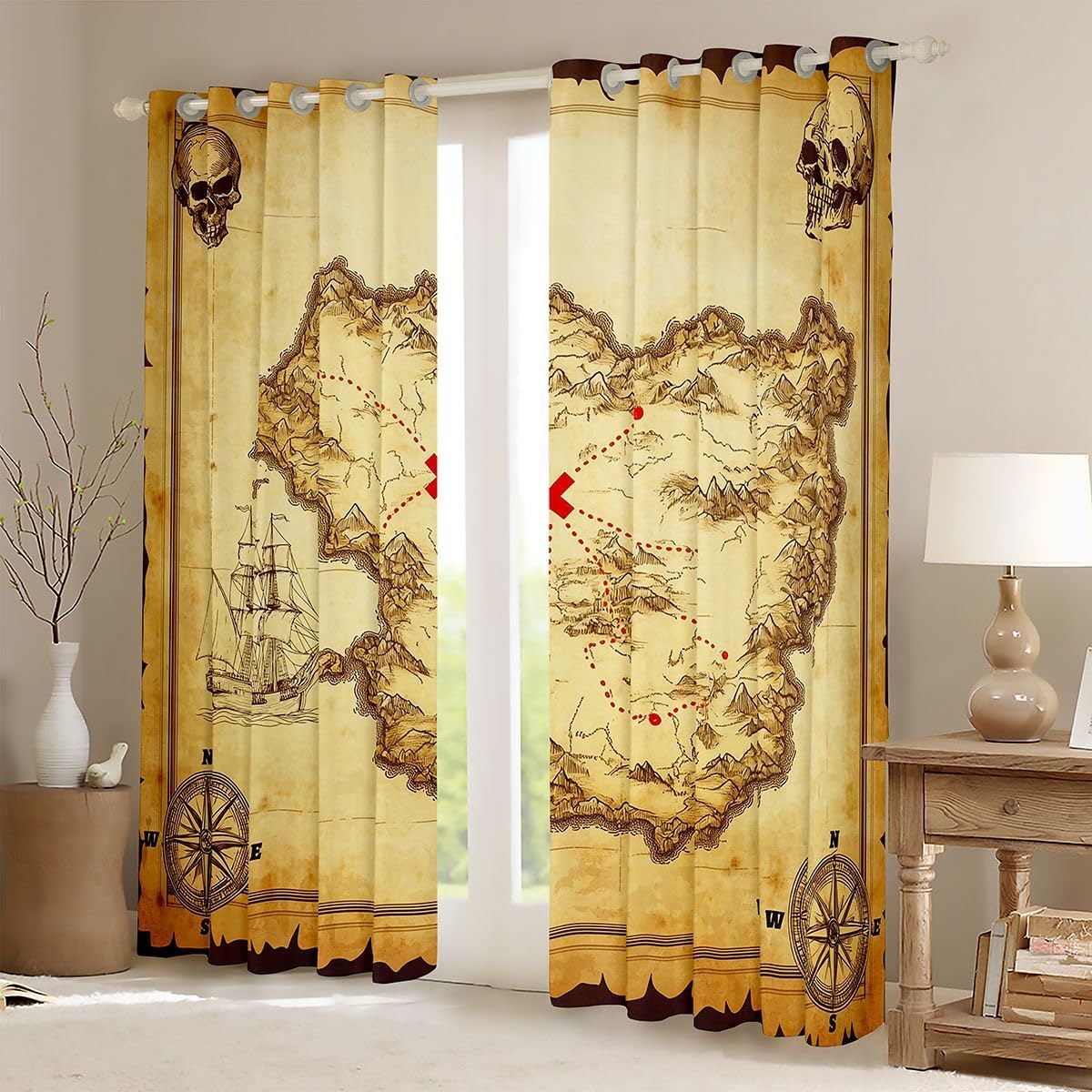 Feelyou Nautical Island Map Curtains Kids Vintage Old Map Pirate Ship Window Curtains for Bedroom Living Room Ocean Ancient Pirate Skull Window Treatments Decor,42 X 84 Inches,2 Panels