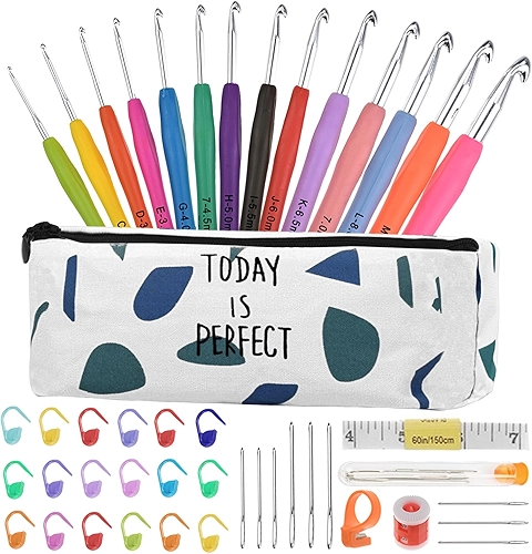 Conjunto de 14 tamanhos de agulhas de crochê, kit de crochê para iniciantes e adultos, acessórios de tricô, ferramentas com estojo, agulhas de crochê de alumínio de 2,0 mm-10,0 mm, aderência