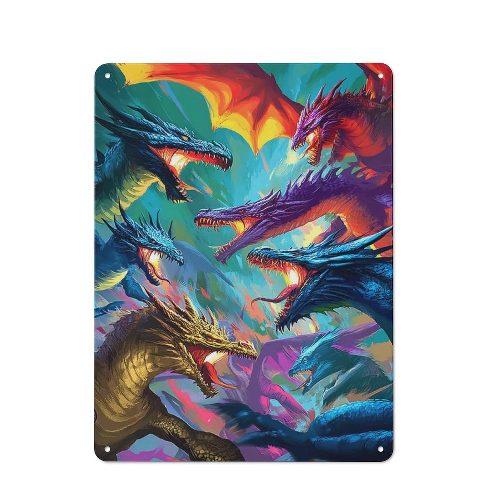 Junmoney Dragon Battle Epic Fantasy Artwork 40X30cm Industrial-Style Tin Sign With For Hallway Wall, A Metal Wall Feature For A Newly Arranged Hallway