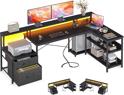 ODK Escritorio en forma de L con cajón de archivos, escritorio reversible en forma de L de 75 pulgadas con toma de corriente y tira LED, escritorio