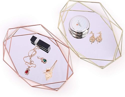 Miniatura 6 de Bandeja decorativa para espejo, organizador de maquillaje cosmético, bandeja decorativa hexagonal para escritorio, para joyas y perfumes (oro rosa)