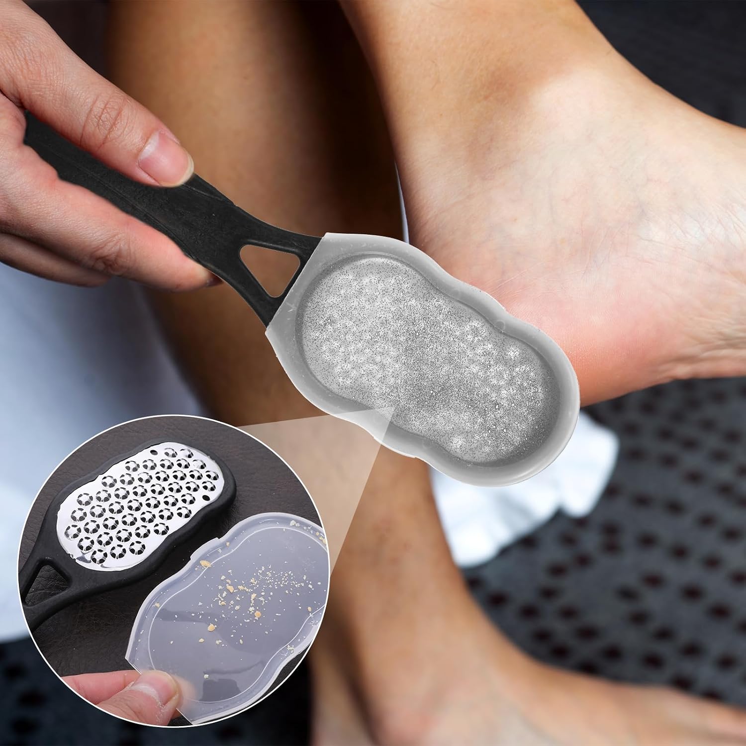 2 Pcs Foot Files with Skin Catcher, Professional Stainless Steel Pedicure Callus Remover Foot Scraper Pedicure Feet Grater Feet Scrubber Dead Skin Remover Ergonomic Handle for Hard Skin, Dryness