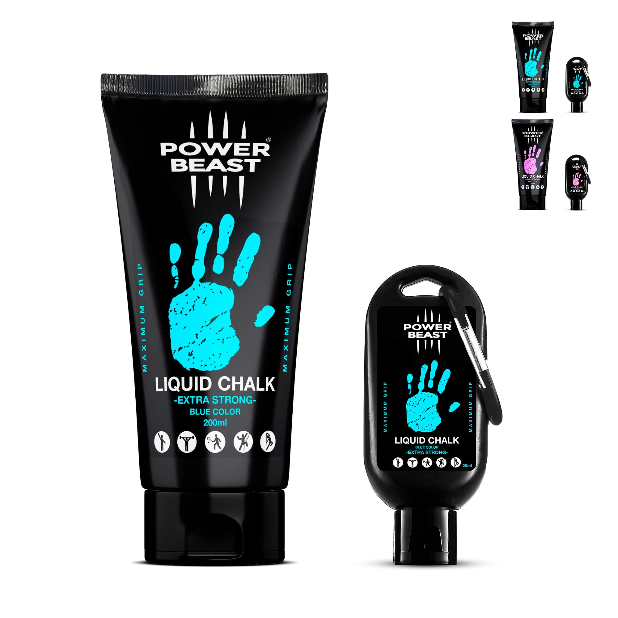 POWER BEAST Colored Liquid Chalk, 2 Bottles Combo of 200 + 50 ML, Liquid Sports Chalk, Free Professional Hand Grip for Gym, Weightlifting, Rock Climbing, Crossfit, Powerlifting, Pole Dance.