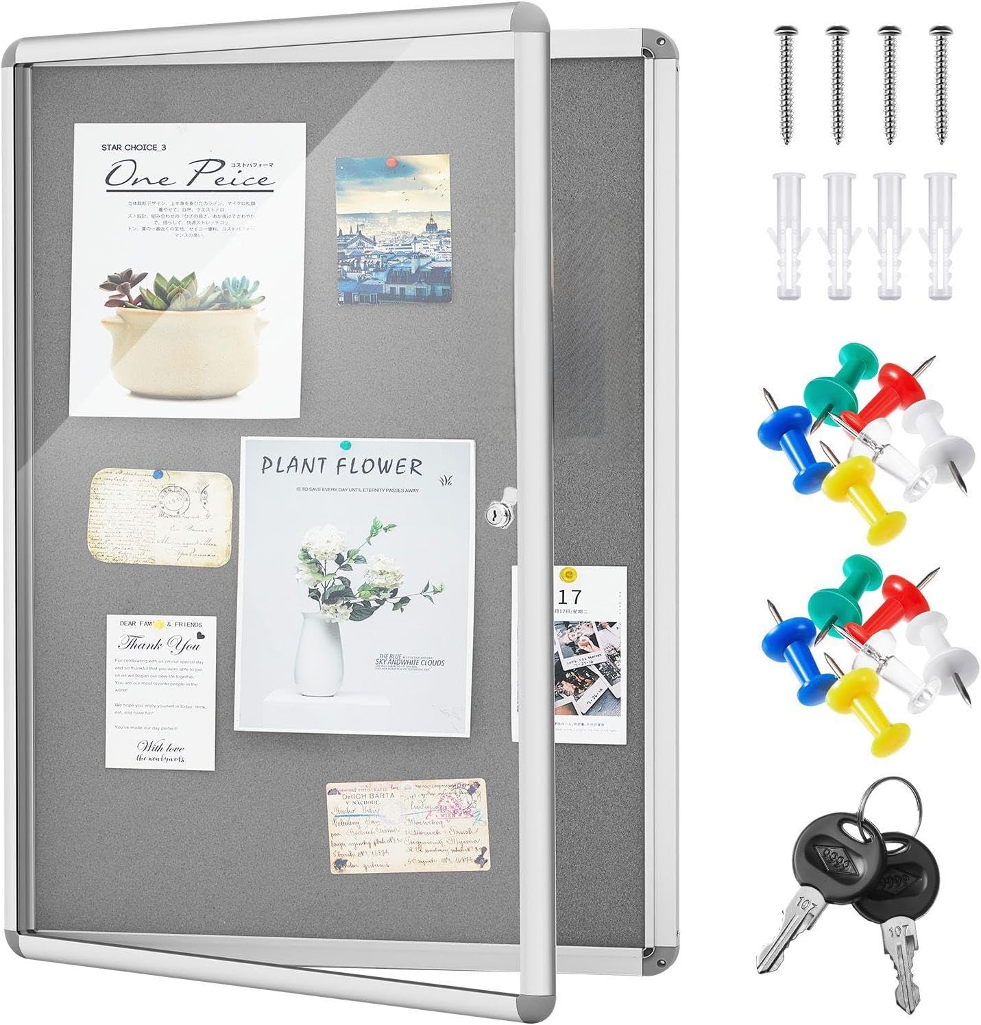 Geetery 36 x 24 Inch Enclosed Bulletin Board with Locking Door Fabric Cork Outdoor Bulletin Board Lockable Display Case, Tamperproof Aluminium Frame Noticeboard Wall-Mounted for School, Office (Gray) Gray 36" x 24"