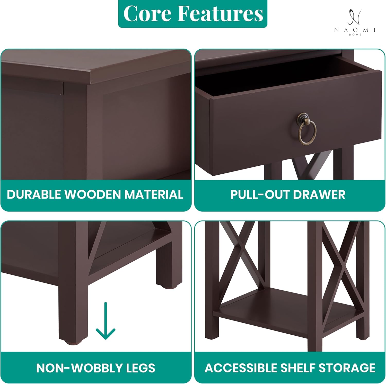 Espresso Solid Wood Small End Table with Drawer and Shelf