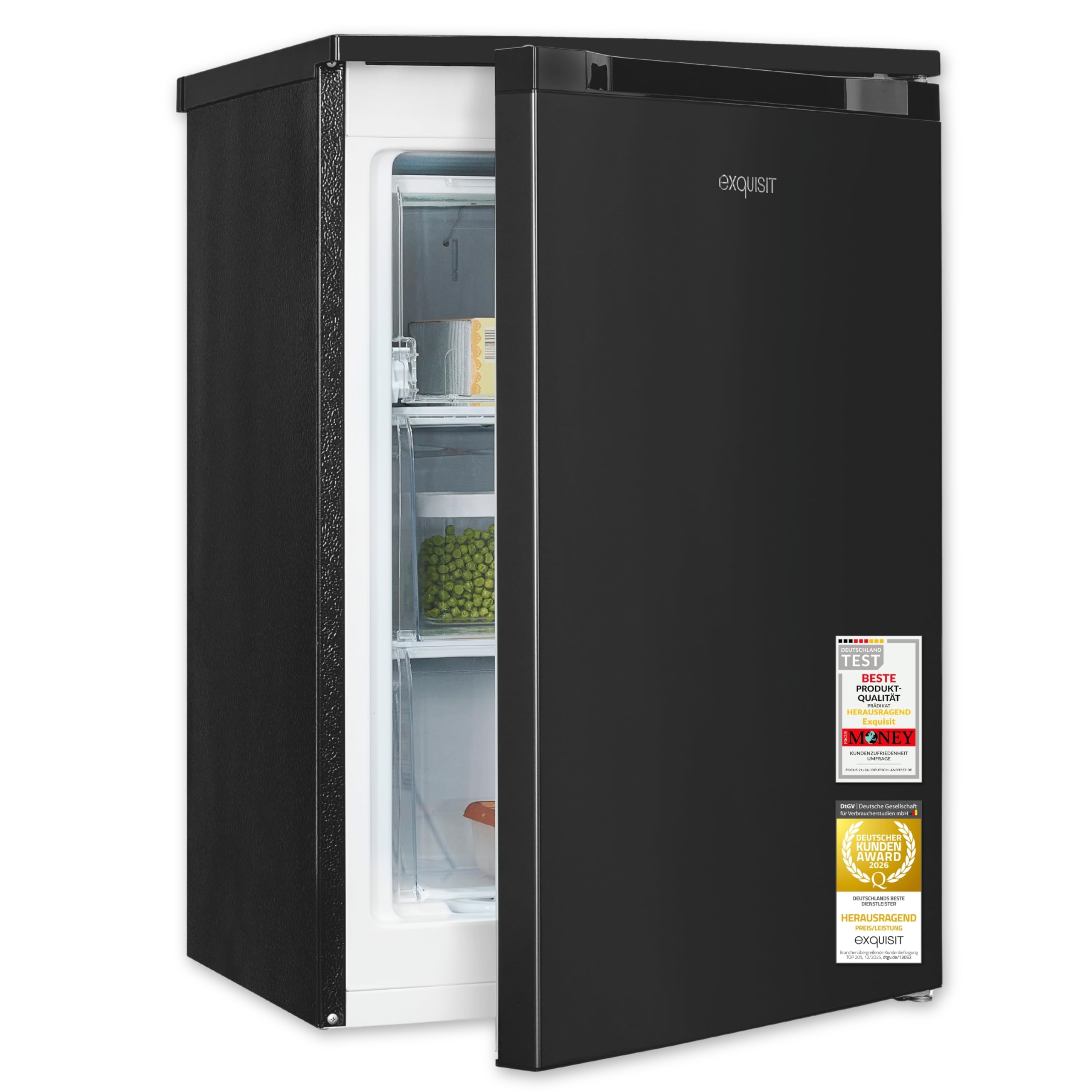 Exquisit Gefrierschrank | 85 l Nutzinhalt, Energieklasse C, 39 dB(A) | kompakte Bauform für kleine Küchen, 4-Sterne-Gefrieren, manuelle Temperaturregelung, wechselbarer Türanschlag | GS581-051C