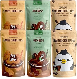 Cantabile Korean Drink Pouch Coffee 230ml(7.77 oz) Convenience Store Beverage - Hazlenut, Sweet Americano, Vanilla Americano (Pack of 6, 3 flavors)