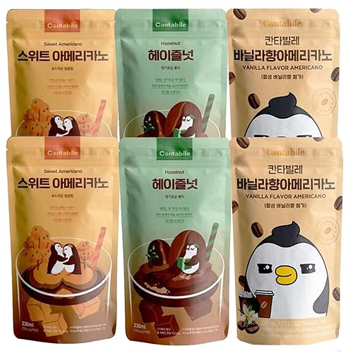 Cantabile Korean Drink Pouch Coffee 230ml(7.77 oz) Convenience Store Beverage - Hazlenut, Sweet Americano, Vanilla Americano (Pack of 6, 3 flavors)