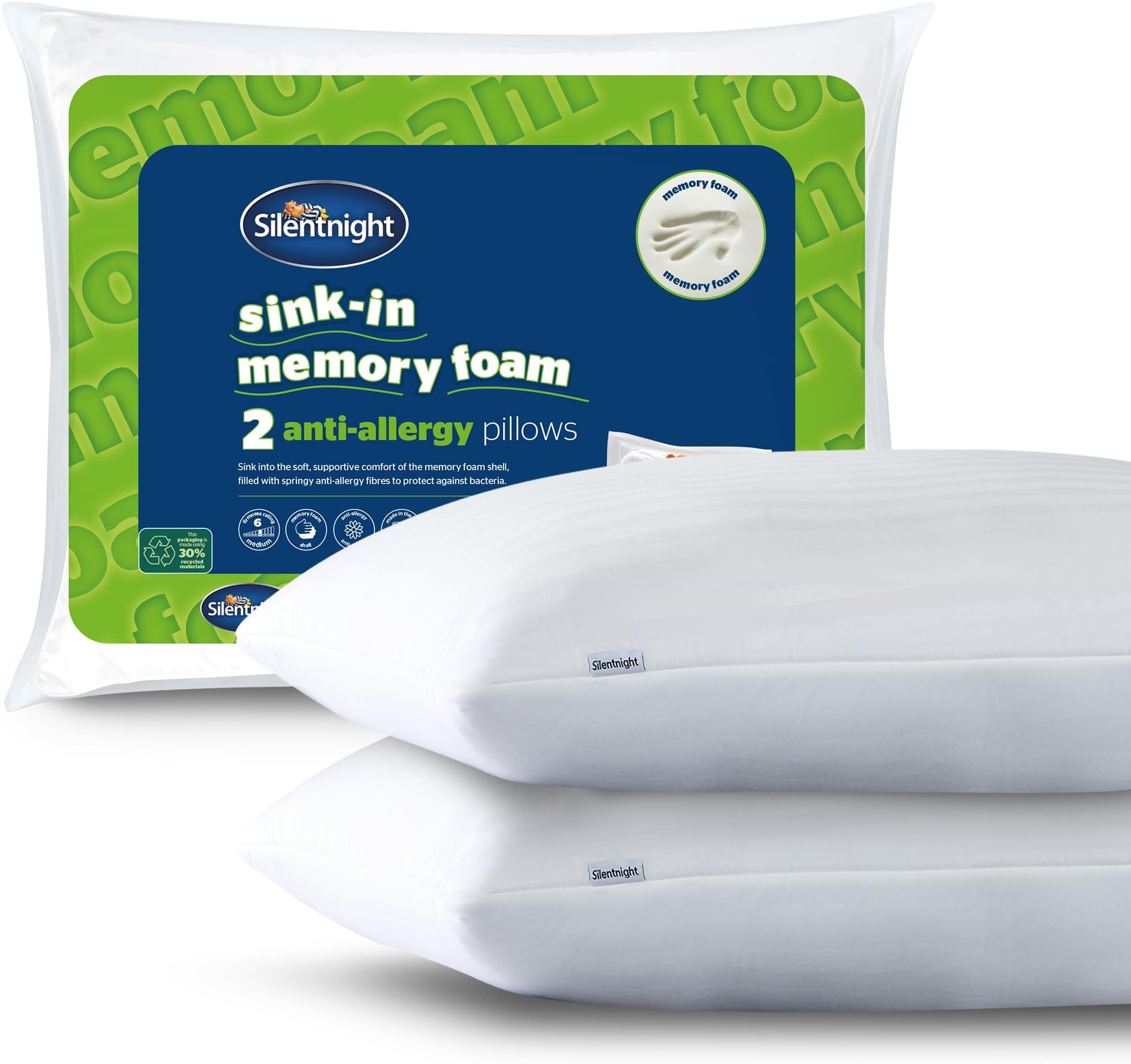 Silentnight Sink-In Anti Allergy Memory Foam Shell Pillow - Filled with Springy Bounceback Fibres for Comfort Support - Ideal for Allergy and Asthma Sufferers - Embossed Cover, Hypoallergenic, 2 Pack