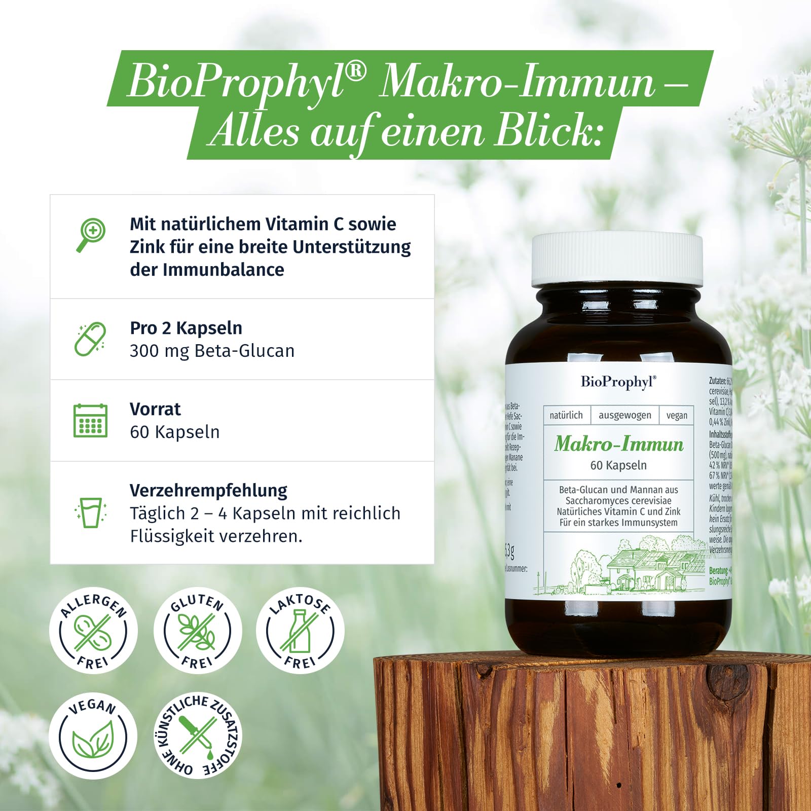 Makro-Immun - Beta Glucan mit Vitamin C und Zink zur Unterstützung des Immunsystems - 60 Kapseln für 1-2 Monate