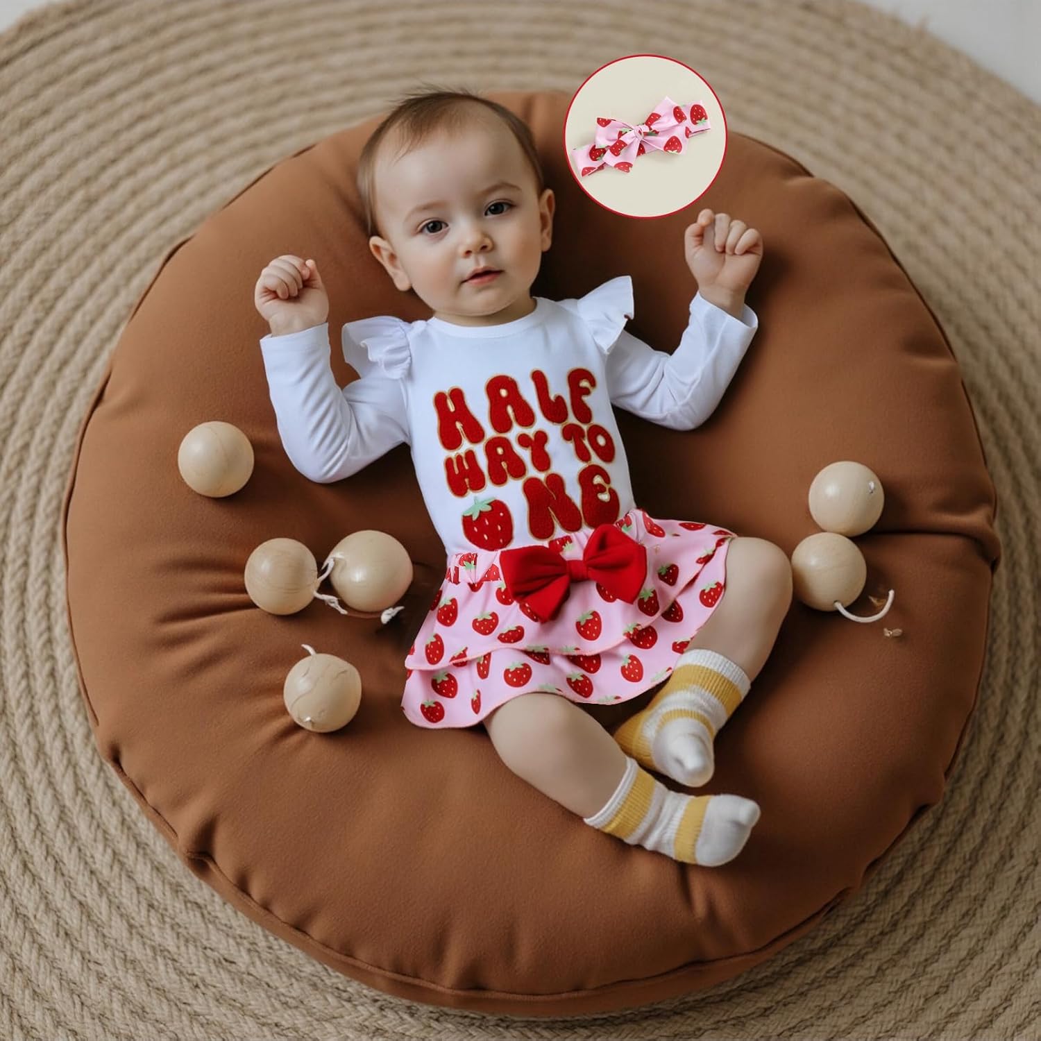 Baby Girl Half Birthday Outfit Half Way To One Short Sleeve Romper Ribbed Ruffle Shorts Headband 1/2 Birthday - Image 3