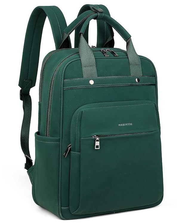 MASINTOR Leather Laptop Backpack for Women, Stylish Computer Backpack College Business Work Shoulder Bags Work and Travel Retro Green by MASINTOR - Used condition - US$69.69