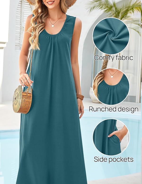 MEROKEETY Women's Summer Boho Sleeveless Ruched Maxi Dress, Teal, M by MEROKEETY - Used condition - Image 5