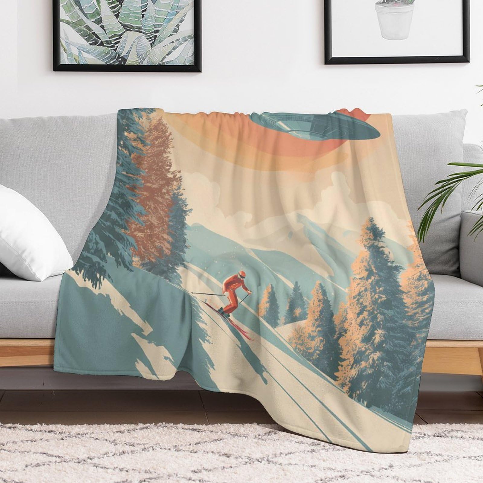A Skier with Aliens Coperta in flanella da 250 g/m², anti-pelucchi, per letto, divano, camera da letto, ufficio
