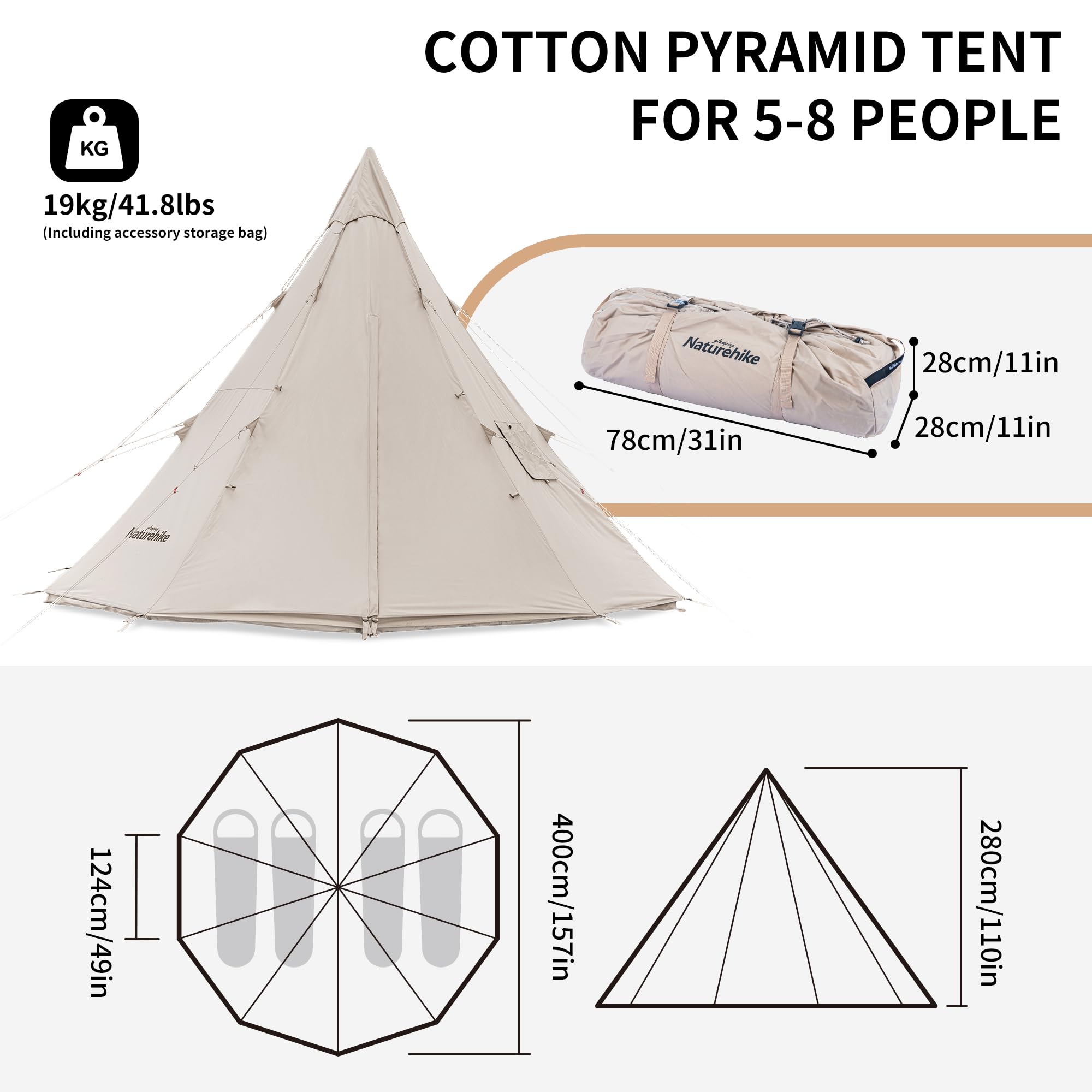 Naturehike Profound 9.6 Pyramid Teepee Tent Cotton Tent with