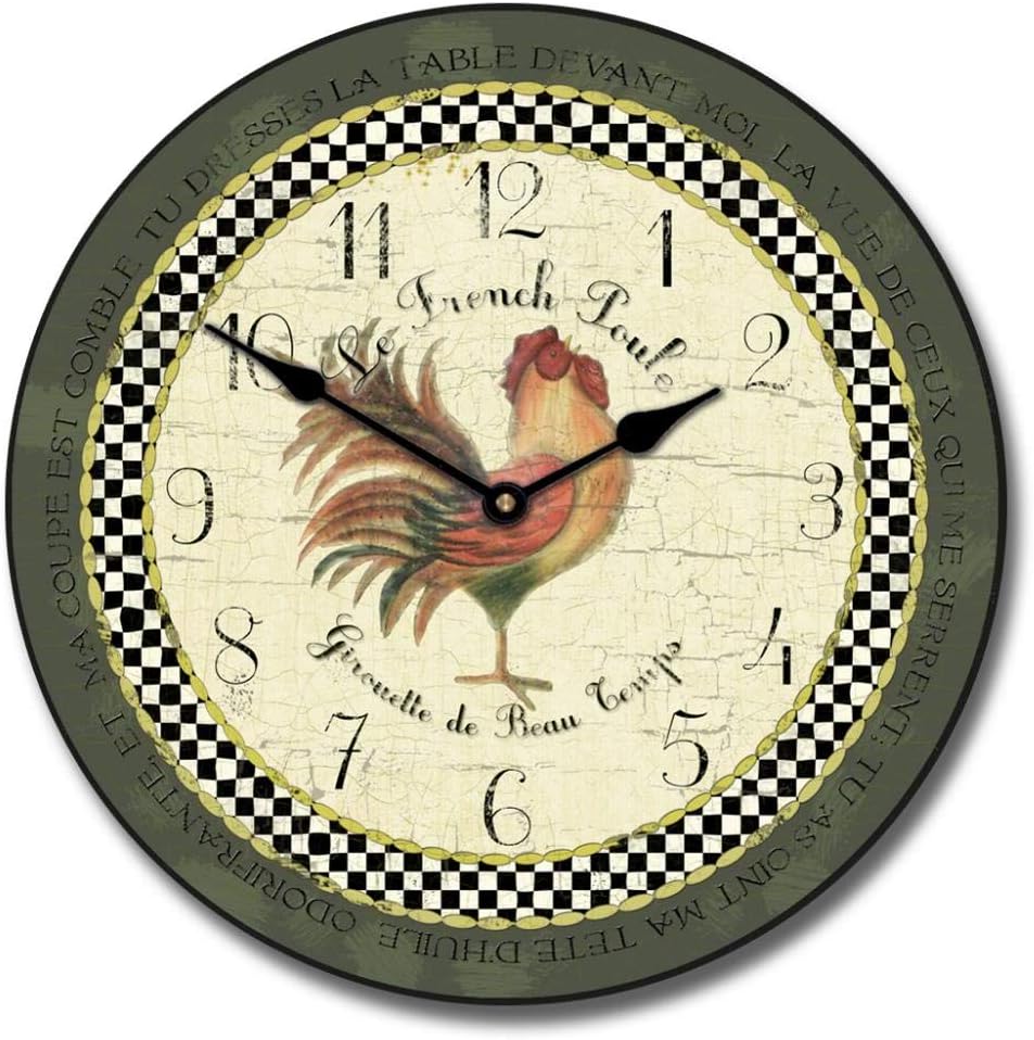 Romanic Rooster in Green Wall Clock | Ultra Quiet Quartz Mechanism | Hand Made in USA Beautiful Crisp Lasting Color | Comes in 8 Sizes | 10-Inch
