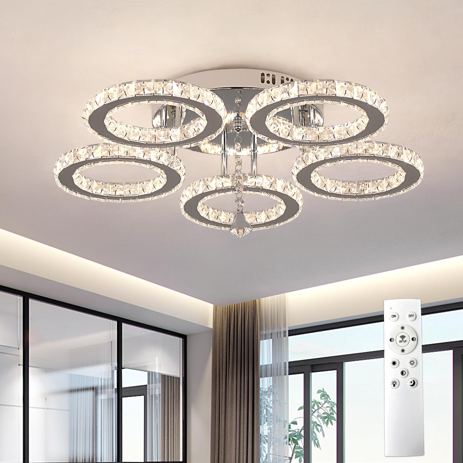 VETRULUS Moderne Kristall-LED-Deckenleuchte – Dimmbare halbflächenbündige Kristall-Lüster für Wohnzimmer – 5-Ring-Deckenleuchte für Schlafzimmer, Küche, LED-Kronleuchter