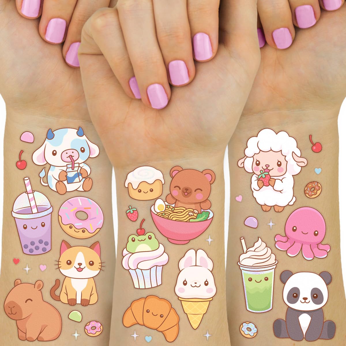 xo, Fetti Kawaii Food Animals Tattoos - 2 Sheets | Kids Birthday, Cute Animals, Temporary Tattoos, Party Favors, Pastel, Iridescent Foil, Girly, Zoo Party