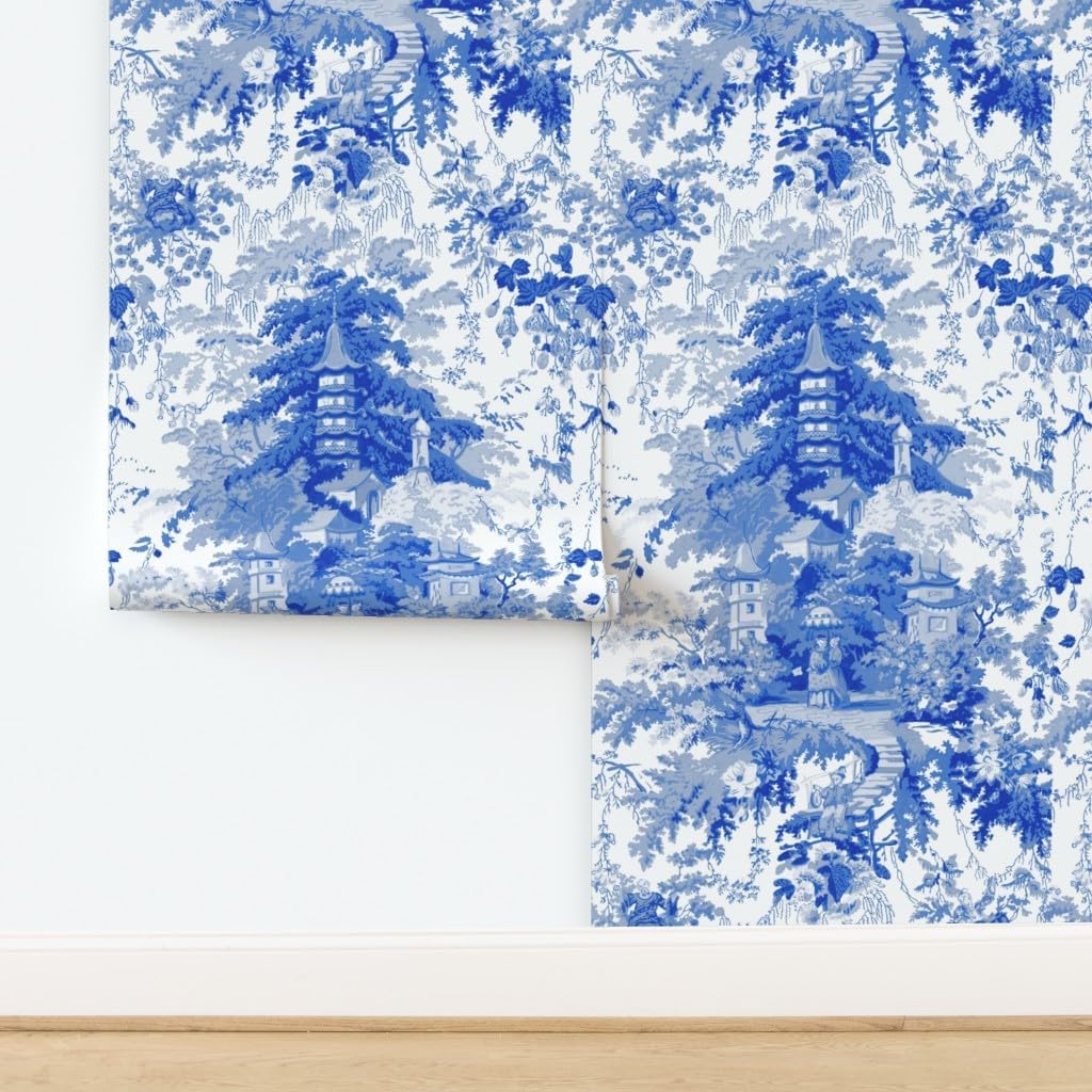 Peel & Stick Wallpaper Swatch - Chinoiserie Willow Blue White Toile Chinese Nature Garden Botanical Decor Home Kitchen Abstract Custom Removable Wallpaper by Spoonflower