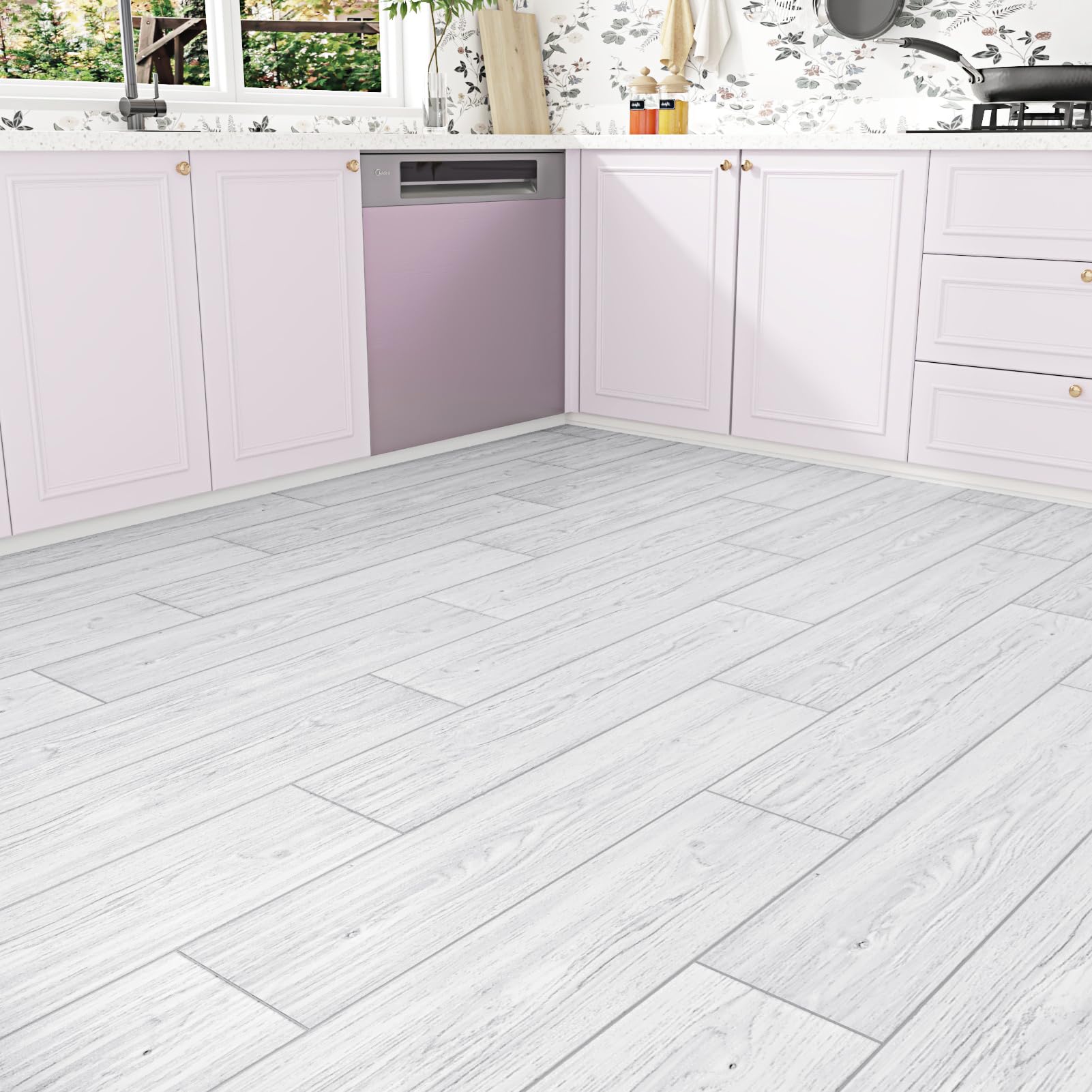 24 Pezzi Pavimento PVC Adesivo Effetto Legno Piastrelle Adesive Cucina Lavabili Grigio Bianco Parquet Linoleum 90cm x 15cm