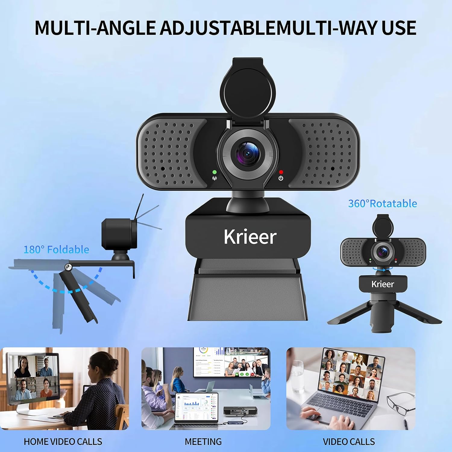 1080P Webcam with Noise-Canceling Mic, USB Webcam with Privacy Cover and Tripod, Dual Stereo Speakers, Multi-Functional Base for Video Conferencing (1080p)