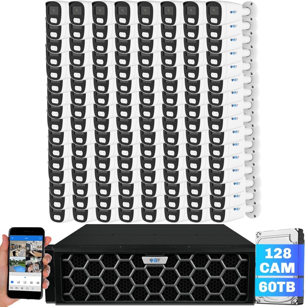 GW Security 128 Channel 12MP NVR 4K Security Camera System with 128 x 8MP PoE Spotlight Color Night Vision Outdoor/Indoor Microphone Bullet Cameras, Smart AI Human/Vehicle Detection, 60TB HDD