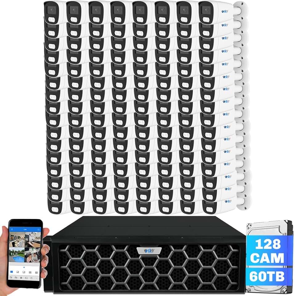 GW Security 128 Channel 12MP NVR 4K Security Camera System with 128 x 8MP PoE Spotlight Color Night Vision Outdoor/Indoor Microphone Bullet Cameras, Smart AI Human/Vehicle Detection, 60TB HDD