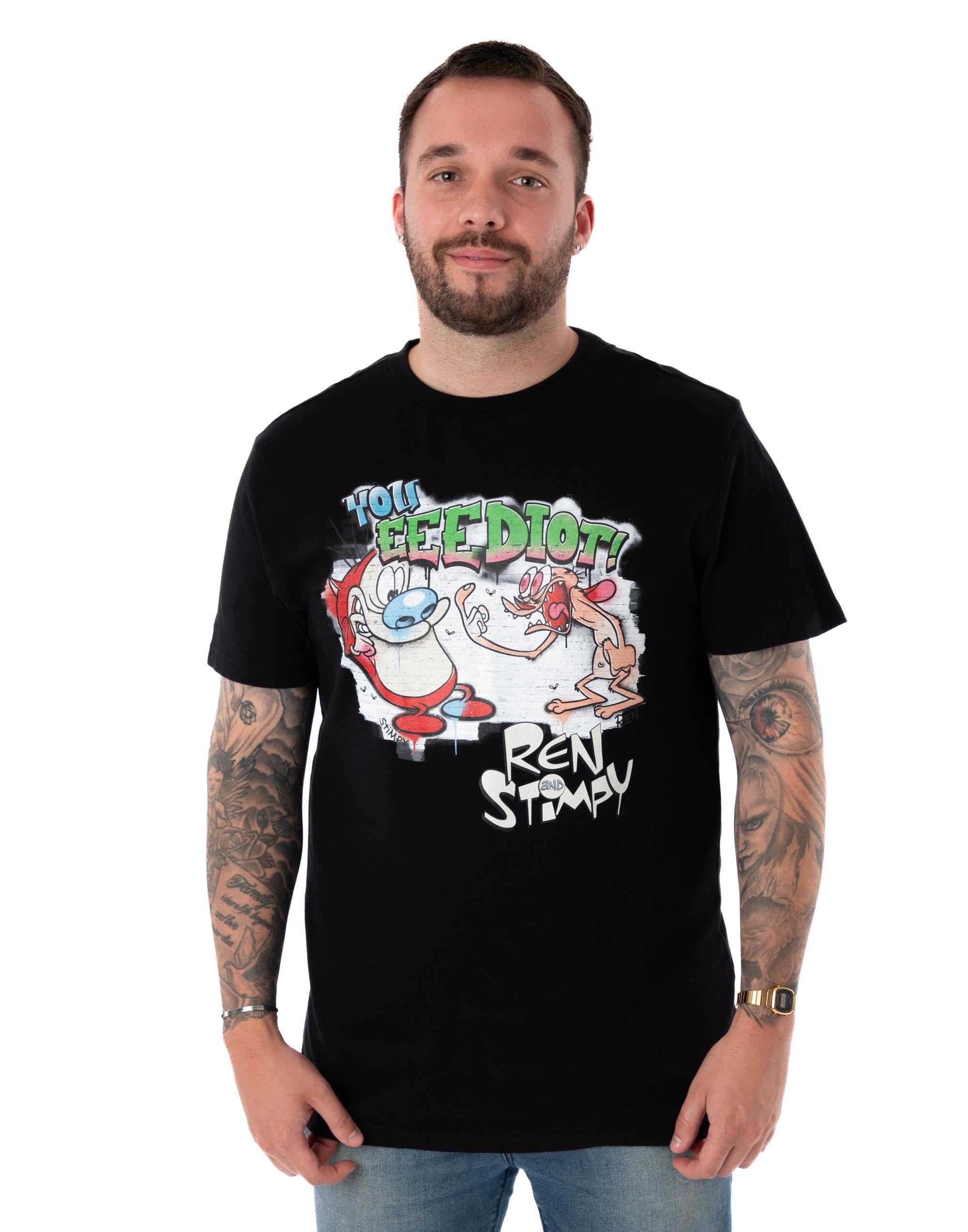 Nickelodeon Men's Black Ren & Stimpy Short Sleeve T-Shirt | Adults Classic 90'S Cartoon Short Sleeve Graphic Tee | Graffiti Character Retro Short-Sleeve Top Nostalgic Merchandise Gift For Him