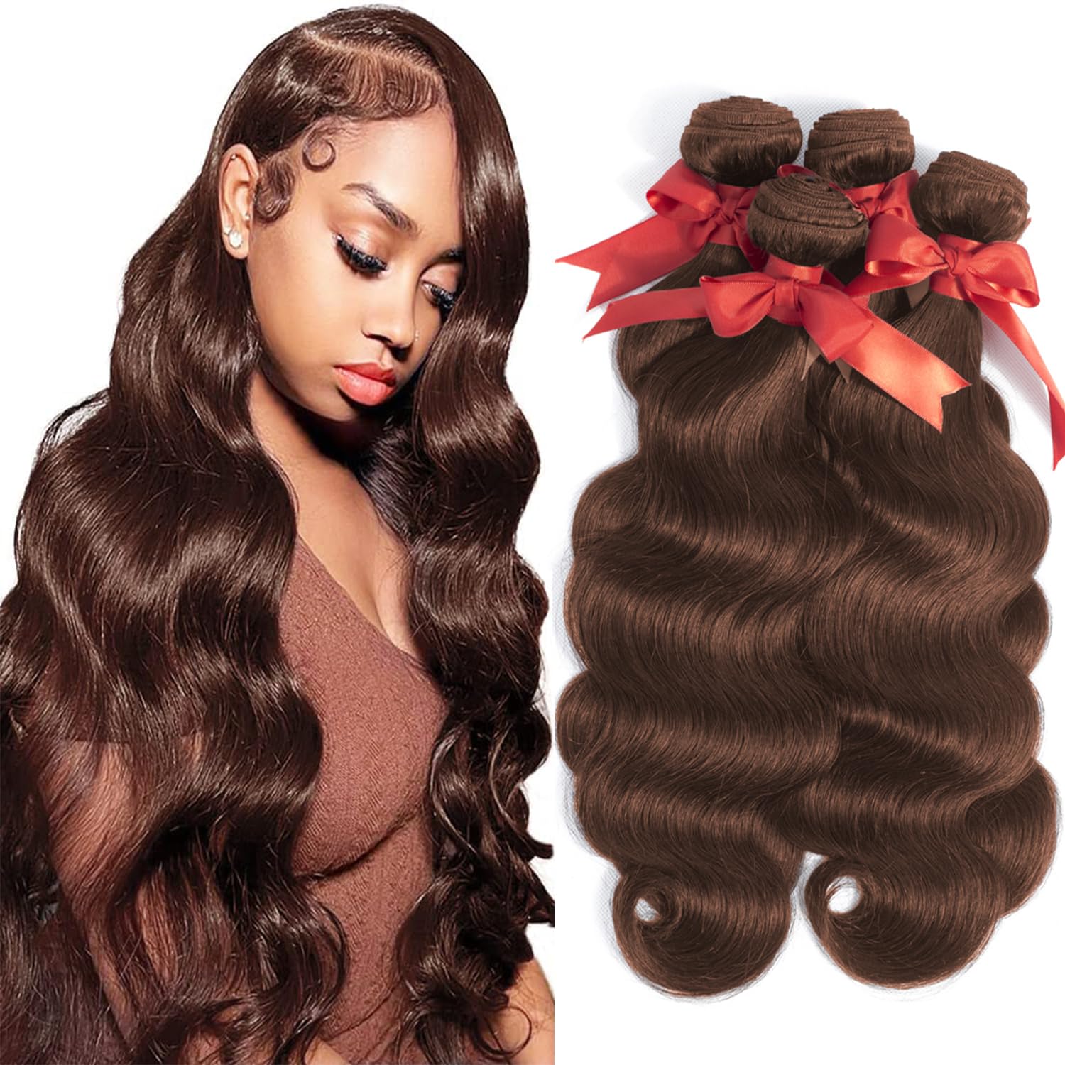 LUXEDIVA Body Wave Bundles Human Hair 20 22 24 24 Inch Brown Human Hair Bundles 12A 100% Unprocessed Indian Virgin Hair 4 Bundles Deal Dark Brown
