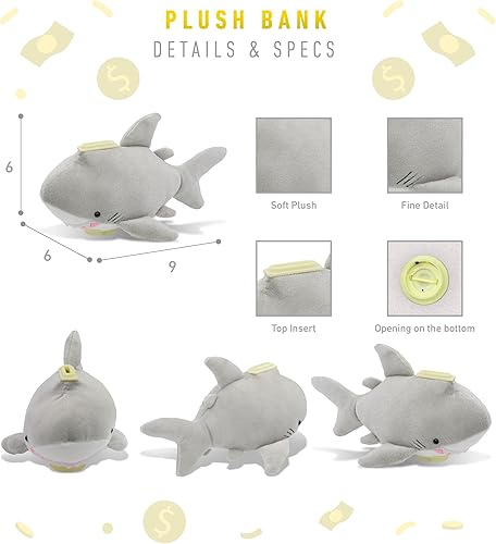 Miniatura 2 de DolliBu Grey Shark - Alcancía de peluche de tiburón – Alcancía de tiburón de peluche súper suave, caja de dinero de animales de peluche para niños,