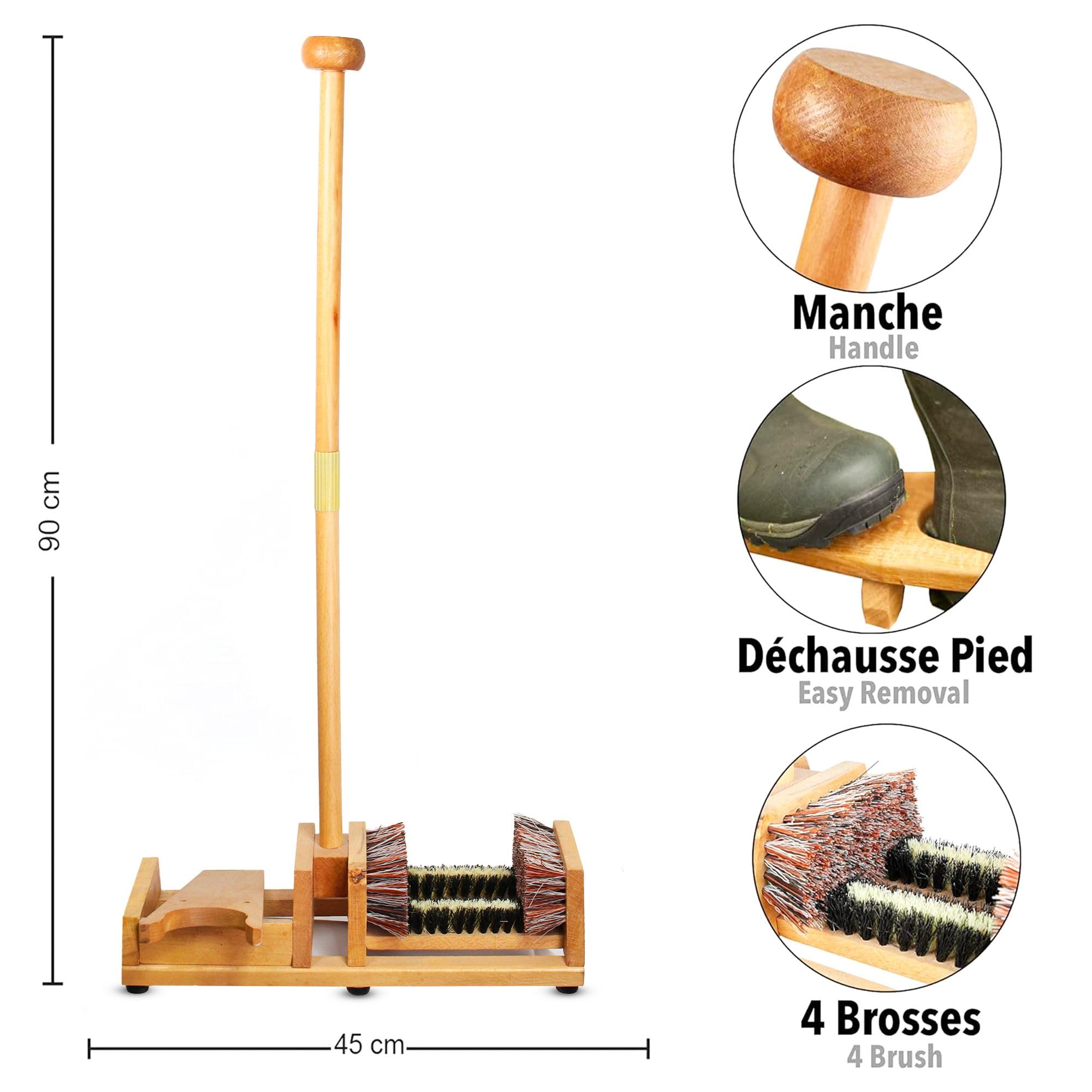 Sacabotas / 4 Cepillos - Sacabotas con Palo de equilibrio - Cepillo, Rascador de botas, limpia zapatos - Práctico para retirar las botas sin esfuerzo - 90 cm - Madera