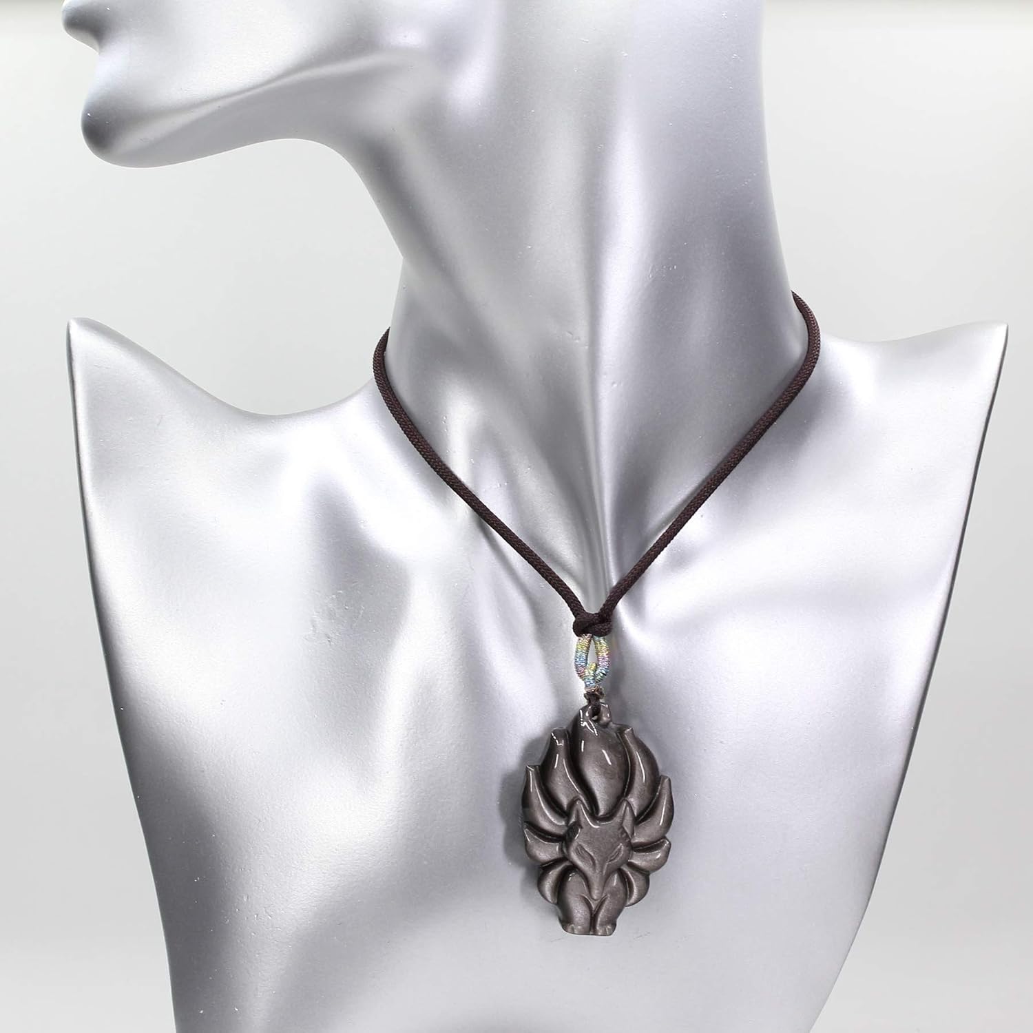 Keleny Natural Black Obsidian Charm Nine Tailed Fox Shape Carved Pendant Adjustable Braided Rope Necklace 22 Inch