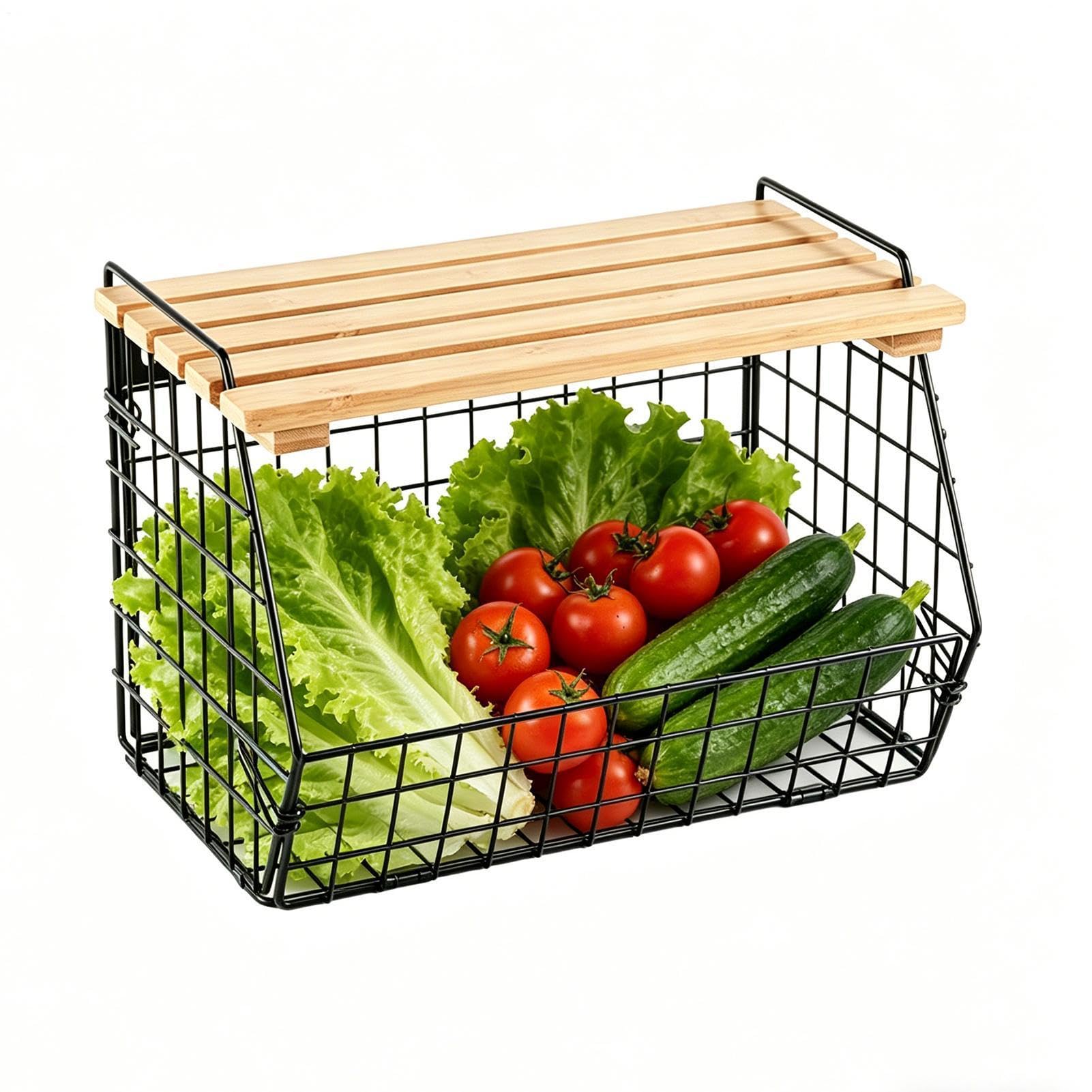 Cesta de alambre de pared apilable con tapa de madera para verduras y patatas en cocina