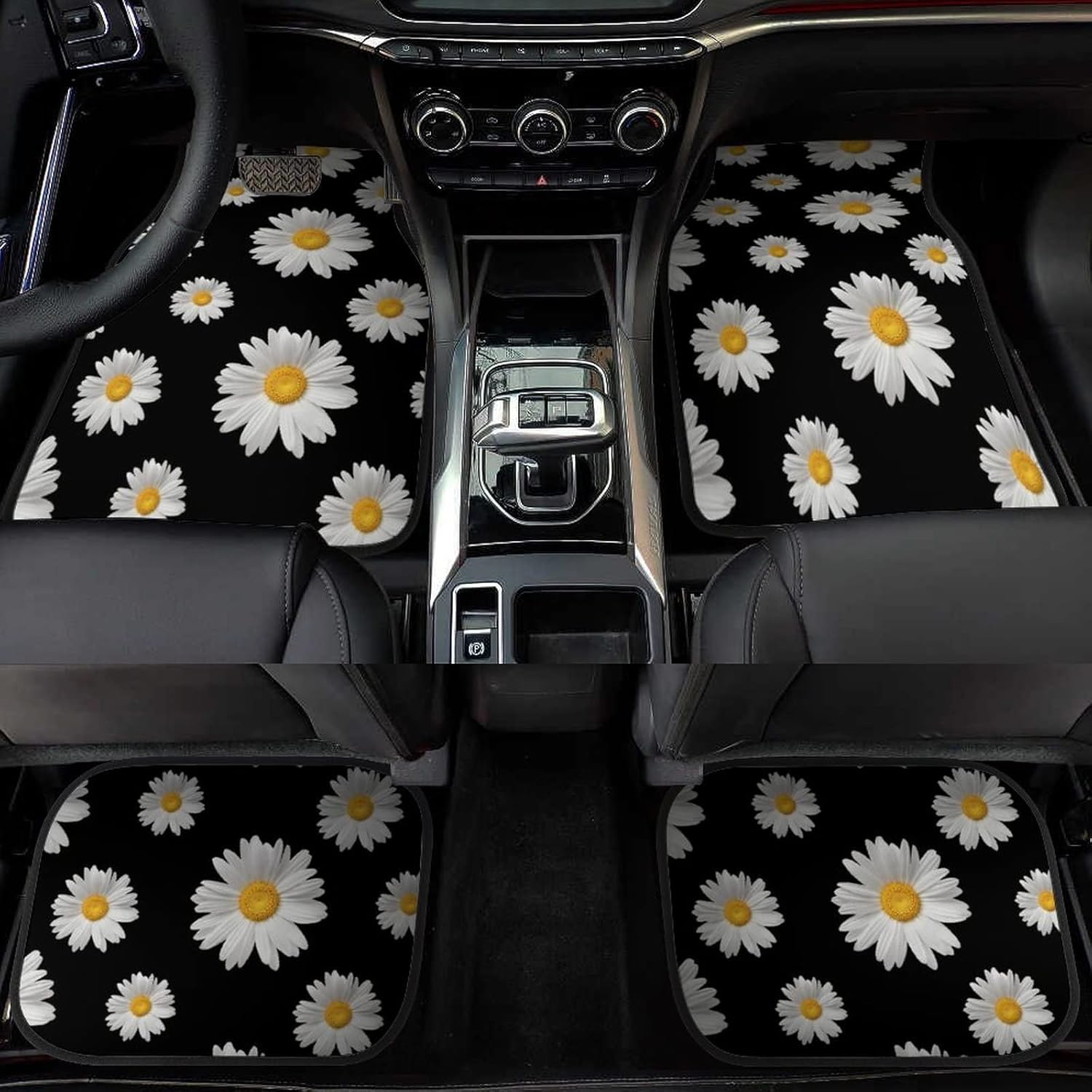 Daisy Car Floor Mats Set of 4,Daisy Print Flowers Design Black Vehicle Front Rear Carpets Mats Floral Decor Car Floor Carpets Rugs Non-Slip Auto Car Accessories Universal Fit for Car SUV Van Truck - Image 4