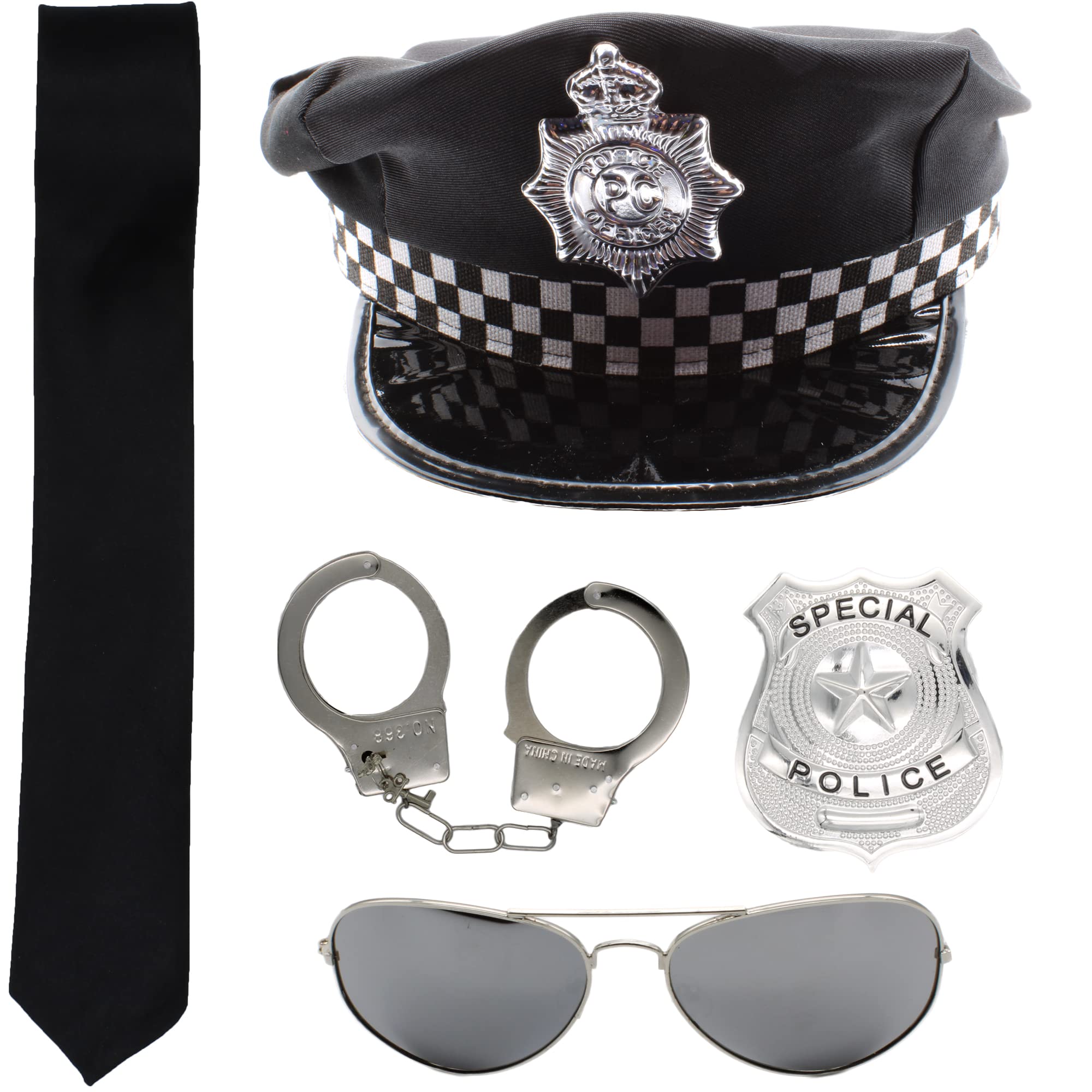 Cherry-on-TopPolice Fancy Dress Hat Badge Handcuffs Sunglasses and Black Tie