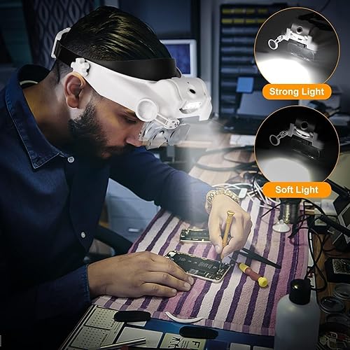 Miniatura 3 de SUNJOYCO Lupa para diadema, lupa de auriculares 1X-14X con luz, visera de aumento iluminada, lupa de montaje en cabeza con 5 lentes desmontables