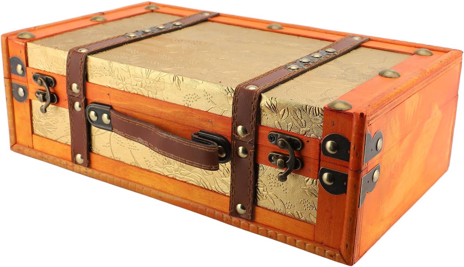 Vintage Wooden Storage Suitcase,Decorative Storage Box,Antique Treasure Chest with Leather Handle Buckle Clasp,Home Decor Luggage for Travel Party Photo Props Gift(13.4in)