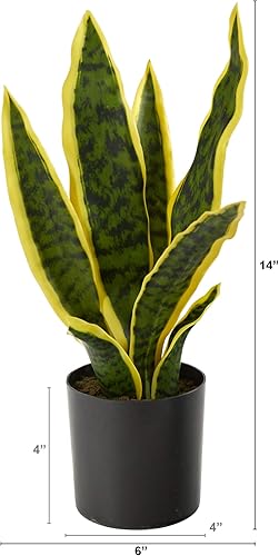 Miniatura 2 de Nearly Natural Sansevieria - Planta artificial de serpiente alta de 14 pulgadas, planta de serpiente sintética amarilla para decoración interior del