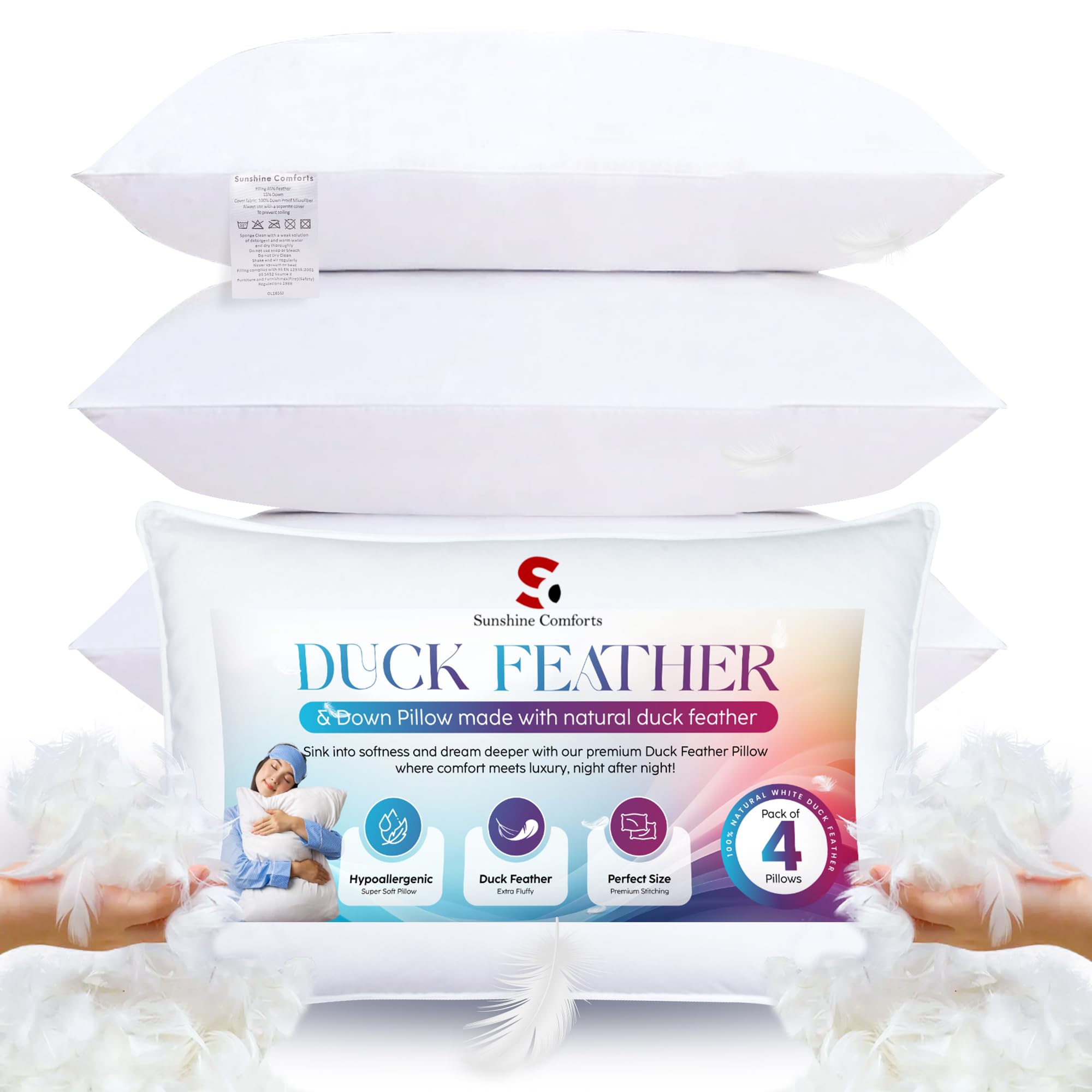 Duck Feather & Down Pillows (4 Pack) – Hotel Quality Bed Pillows for Sleeping, Soft & Br...