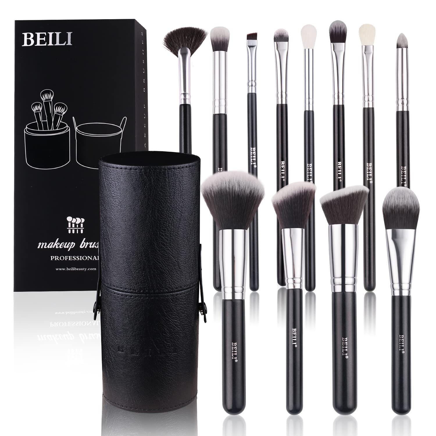 BEILI Set de Brochas de Maquillaje Profesional (12 PCS), Cosméticos Sintéticos Base Correctores en Polvo Mezcla de Sombras de Ojos, Juegos de Brochas de Maquillaje con Caja Cilíndrica