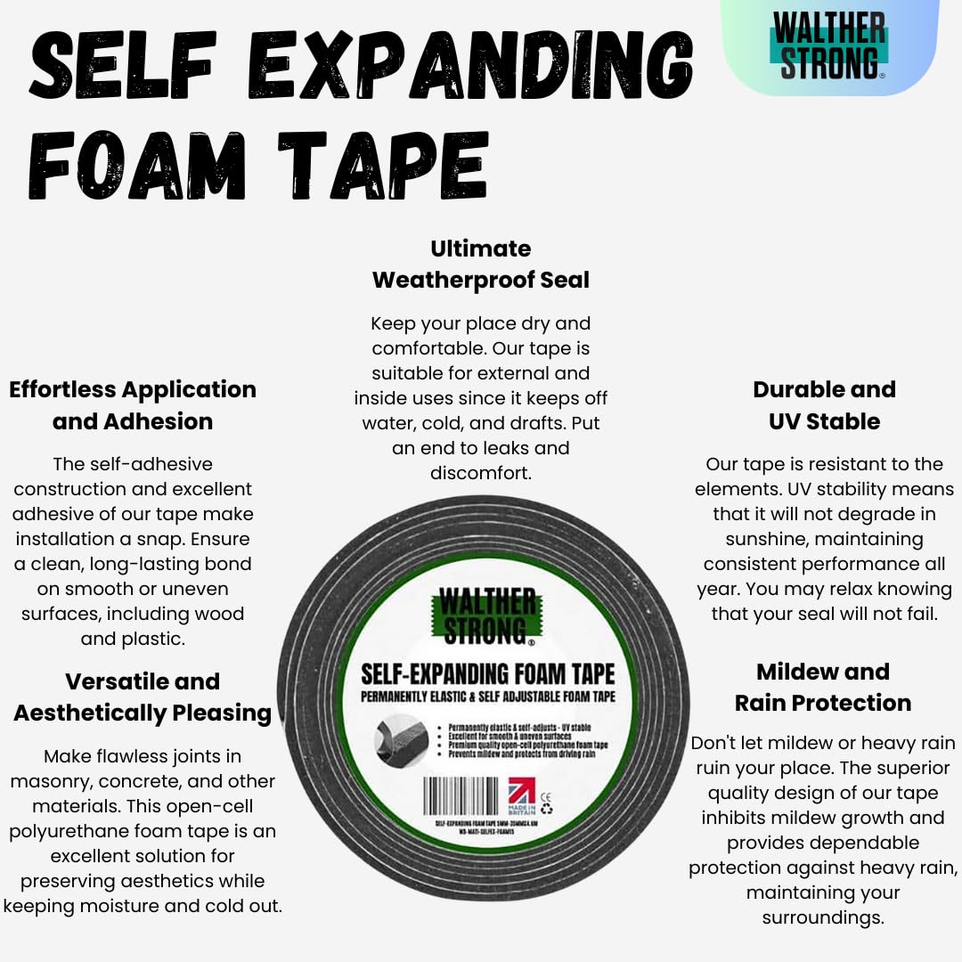 Walther Strong Self-Expanding Foam Tape | 5-35mm x 4.6m Weather Stripping Door Seal Strip | Draft Excluder for Windows & Doors | Soundproof Insulation Foam Tape