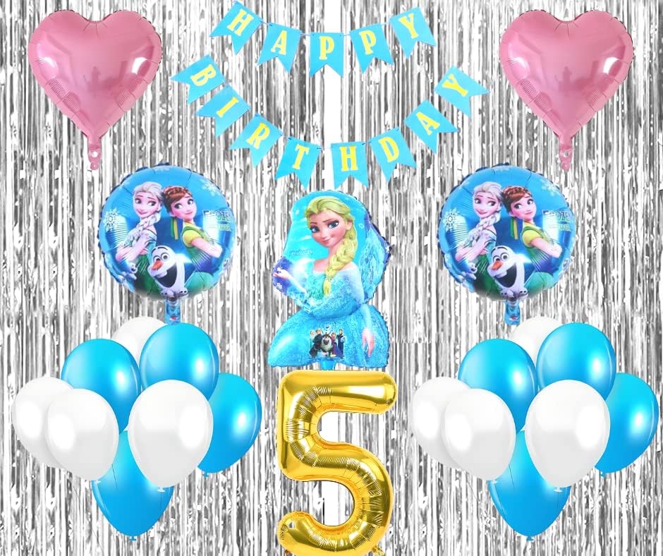 5th Frozen Elsa theme birthday decoration items for Girls Boys kids baby girl with Elsa Foil Balloon,Light Pink Star Foil,Sky Blue White Balloons,Silver Foil Curtains,Foil Balloon number 5