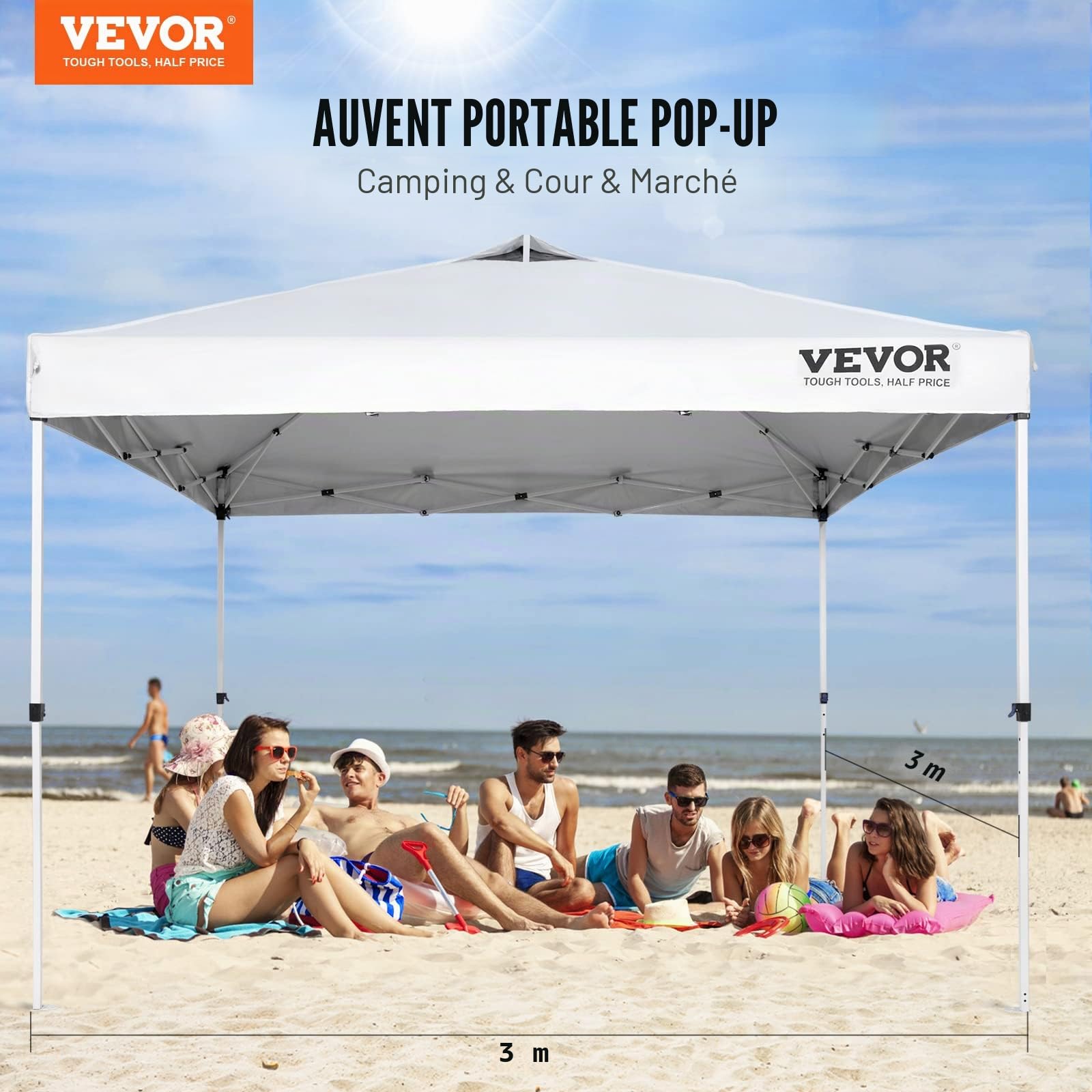 VEVOR Tonnelle Pop-up 304,8x304,8 cm Tonnelle Auvent Jardin Bâche Enduit Argenté PU 250D Sac à roulettes Portable 4 Sacs de Sable Abri Solaire Imperméable pour Plein Air, Plage, Fête, Camping, Blanc