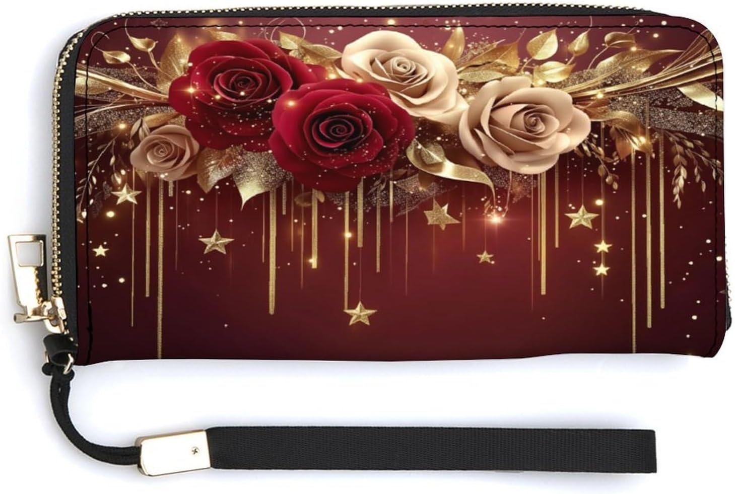 Luxury Burgundy Golden Floral Spacious Graphic Travel Wallet with Wrist Strap, Large Vegan Leather Phone Clutch & Card Organizer, Aesthetic Art Print Long Purse for Cash, Coins, And Checks