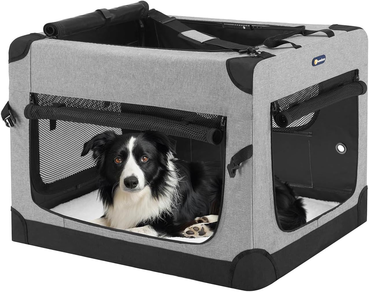 Veehoo 30 inch Folding Soft Dog Crate, 4-Door Portable Collapsible Pet Kennel Travel Dog Crate for Medium Dogs, 5 x Durable Mesh Screen, 600D Oxford Fabric, Indoor & Outdoor Use, Grey, CWB2428CP Veehoo 30 inch Folding Soft Dog Crate, 4-Door Portable Collapsible Pet Kennel Travel Dog Crate for Medium Dogs, 5 x Durable Mesh Screen, 600D Oxford Fabric, Indoor & Outdoor Use, Grey, CWB2428CP